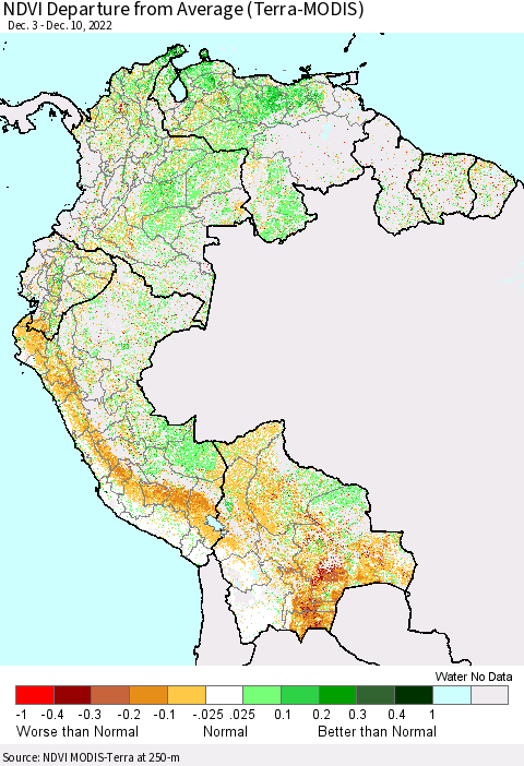 Northern South America NDVI Departure from Average (Terra-MODIS) Thematic Map For 12/1/2022 - 12/10/2022