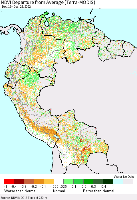 Northern South America NDVI Departure from Average (Terra-MODIS) Thematic Map For 12/19/2022 - 12/26/2022