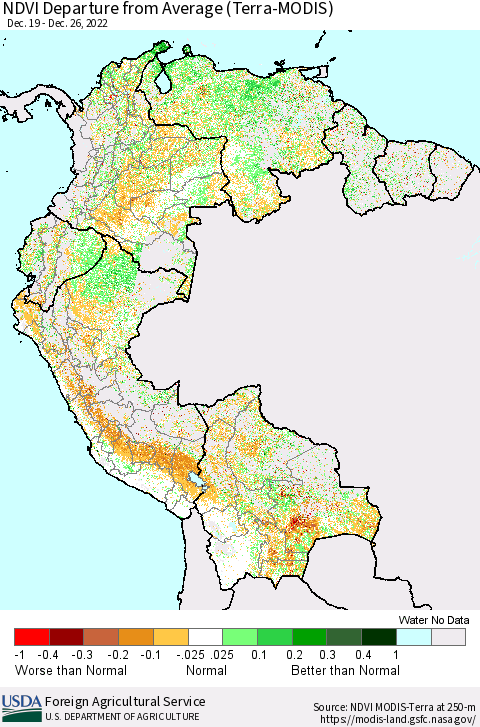 Northern South America NDVI Departure from Average (Terra-MODIS) Thematic Map For 12/21/2022 - 12/31/2022