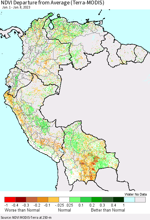 Northern South America NDVI Departure from Average (Terra-MODIS) Thematic Map For 1/1/2023 - 1/8/2023