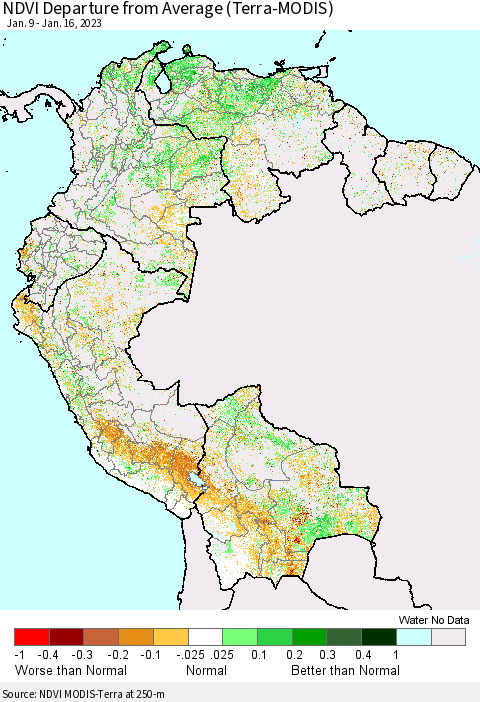 Northern South America NDVI Departure from Average (Terra-MODIS) Thematic Map For 1/9/2023 - 1/16/2023