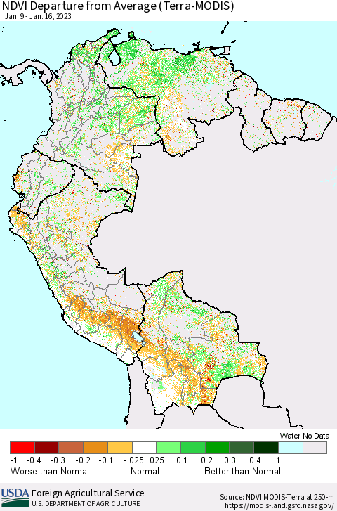 Northern South America NDVI Departure from Average (Terra-MODIS) Thematic Map For 1/11/2023 - 1/20/2023