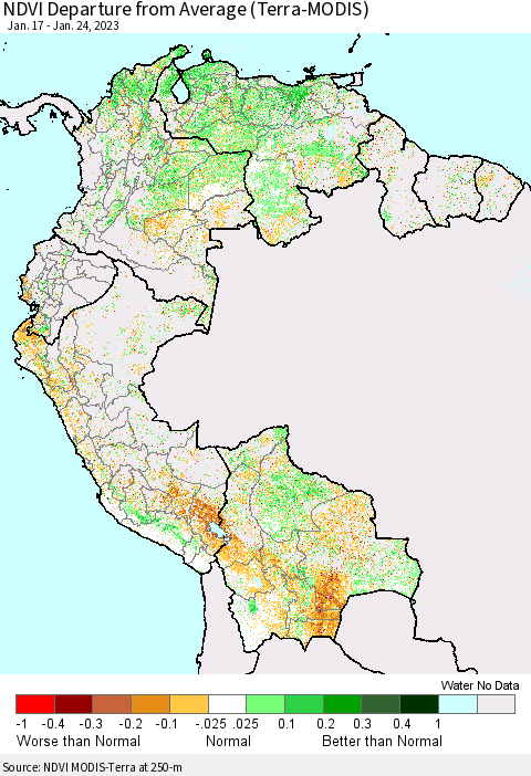Northern South America NDVI Departure from Average (Terra-MODIS) Thematic Map For 1/17/2023 - 1/24/2023