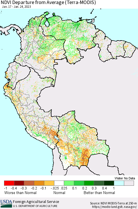 Northern South America NDVI Departure from Average (Terra-MODIS) Thematic Map For 1/21/2023 - 1/31/2023