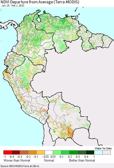 Northern South America NDVI Departure from Average (Terra-MODIS) Thematic Map For 1/25/2023 - 2/1/2023