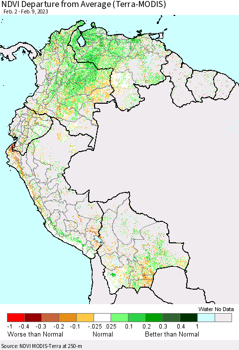 Northern South America NDVI Departure from Average (Terra-MODIS) Thematic Map For 2/2/2023 - 2/9/2023