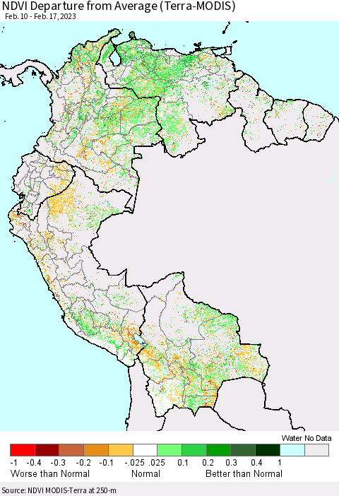 Northern South America NDVI Departure from Average (Terra-MODIS) Thematic Map For 2/10/2023 - 2/17/2023