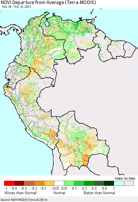 Northern South America NDVI Departure from Average (Terra-MODIS) Thematic Map For 2/18/2023 - 2/25/2023