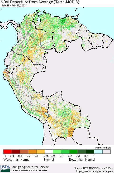 Northern South America NDVI Departure from Average (Terra-MODIS) Thematic Map For 2/21/2023 - 2/28/2023