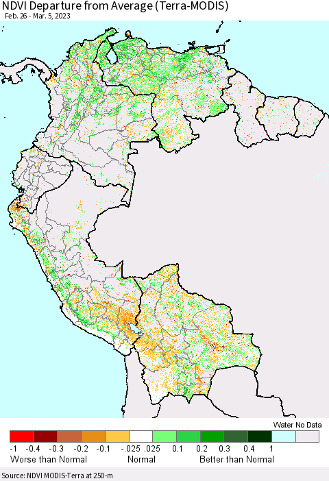 Northern South America NDVI Departure from Average (Terra-MODIS) Thematic Map For 2/26/2023 - 3/5/2023