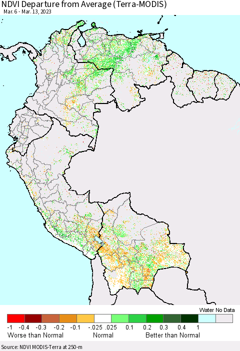 Northern South America NDVI Departure from Average (Terra-MODIS) Thematic Map For 3/6/2023 - 3/13/2023