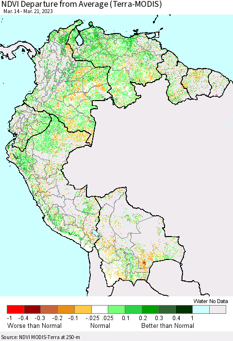 Northern South America NDVI Departure from Average (Terra-MODIS) Thematic Map For 3/14/2023 - 3/21/2023
