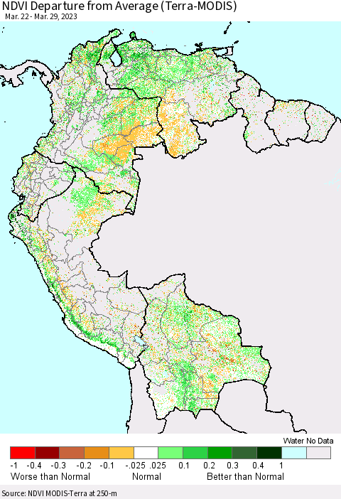 Northern South America NDVI Departure from Average (Terra-MODIS) Thematic Map For 3/22/2023 - 3/29/2023