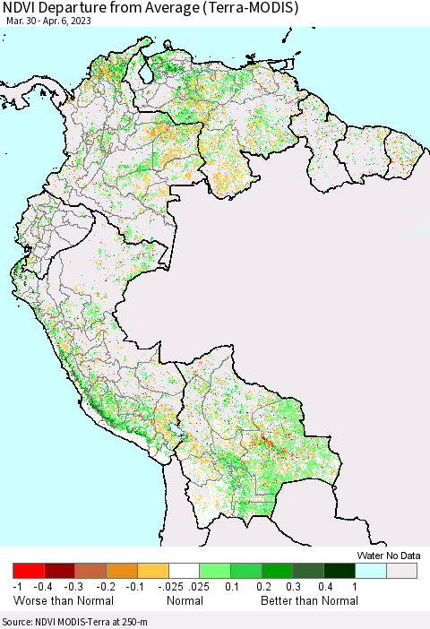 Northern South America NDVI Departure from Average (Terra-MODIS) Thematic Map For 3/30/2023 - 4/6/2023