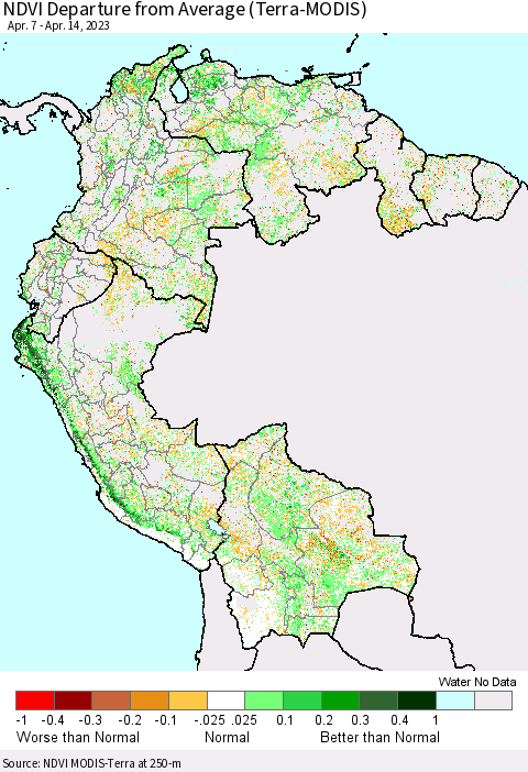 Northern South America NDVI Departure from Average (Terra-MODIS) Thematic Map For 4/7/2023 - 4/14/2023
