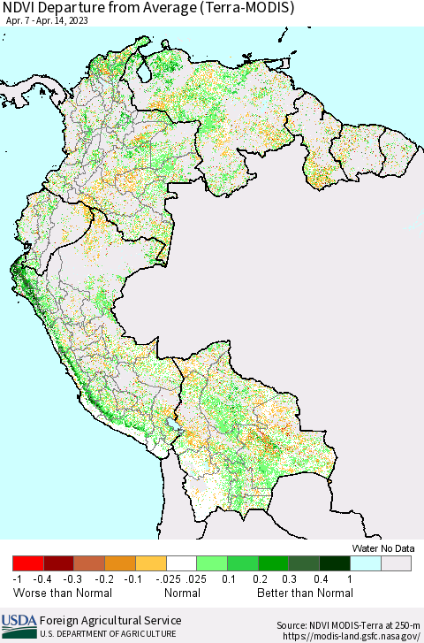 Northern South America NDVI Departure from Average (Terra-MODIS) Thematic Map For 4/11/2023 - 4/20/2023
