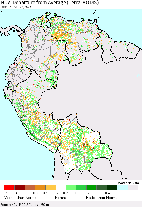 Northern South America NDVI Departure from Average (Terra-MODIS) Thematic Map For 4/15/2023 - 4/22/2023