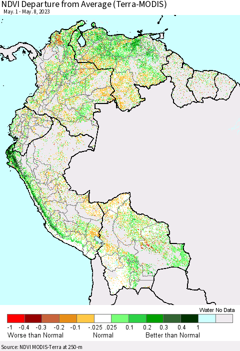 Northern South America NDVI Departure from Average (Terra-MODIS) Thematic Map For 5/1/2023 - 5/8/2023