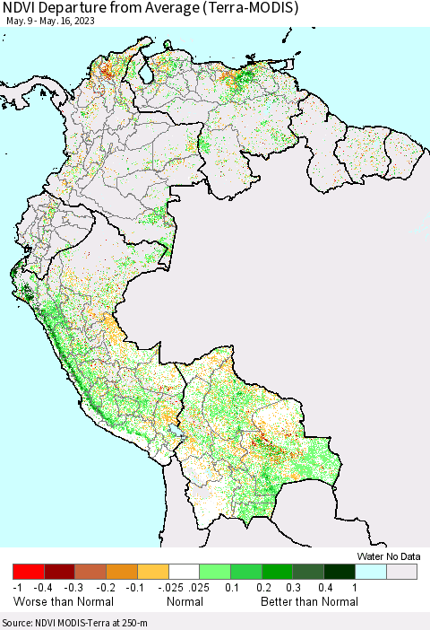 Northern South America NDVI Departure from Average (Terra-MODIS) Thematic Map For 5/9/2023 - 5/16/2023