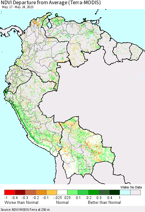 Northern South America NDVI Departure from Average (Terra-MODIS) Thematic Map For 5/17/2023 - 5/24/2023