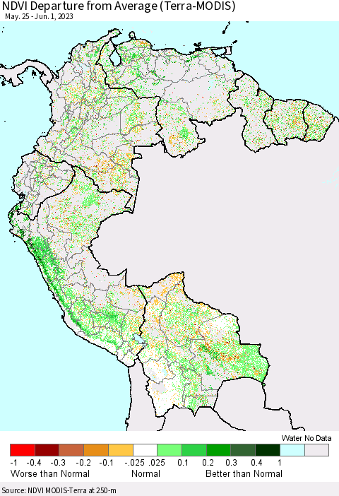 Northern South America NDVI Departure from Average (Terra-MODIS) Thematic Map For 5/25/2023 - 6/1/2023