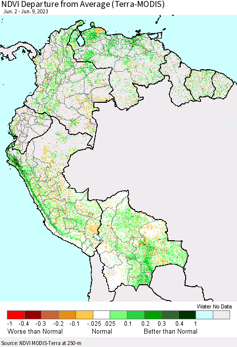 Northern South America NDVI Departure from Average (Terra-MODIS) Thematic Map For 6/2/2023 - 6/9/2023