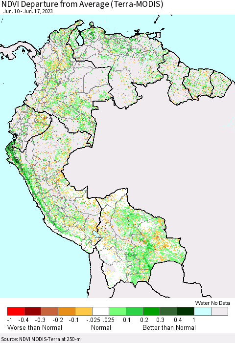 Northern South America NDVI Departure from Average (Terra-MODIS) Thematic Map For 6/10/2023 - 6/17/2023