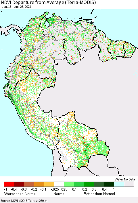 Northern South America NDVI Departure from Average (Terra-MODIS) Thematic Map For 6/18/2023 - 6/25/2023