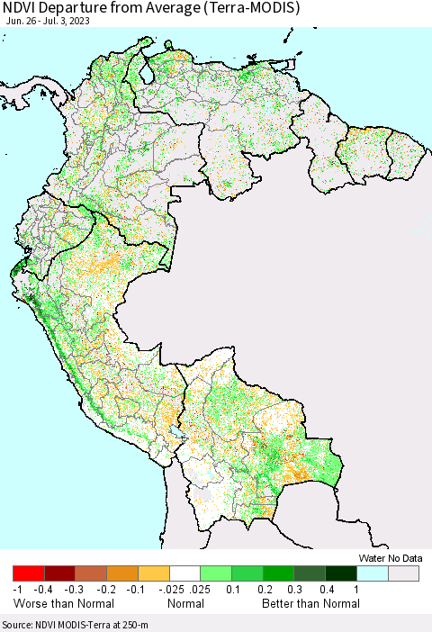 Northern South America NDVI Departure from Average (Terra-MODIS) Thematic Map For 6/26/2023 - 7/3/2023