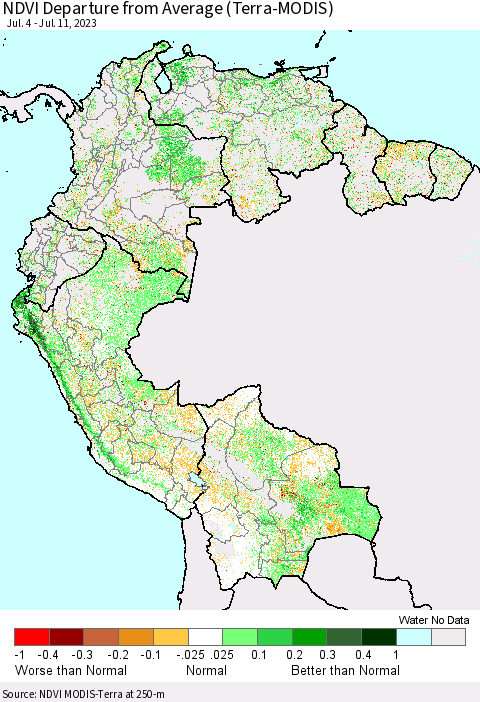 Northern South America NDVI Departure from Average (Terra-MODIS) Thematic Map For 7/4/2023 - 7/11/2023