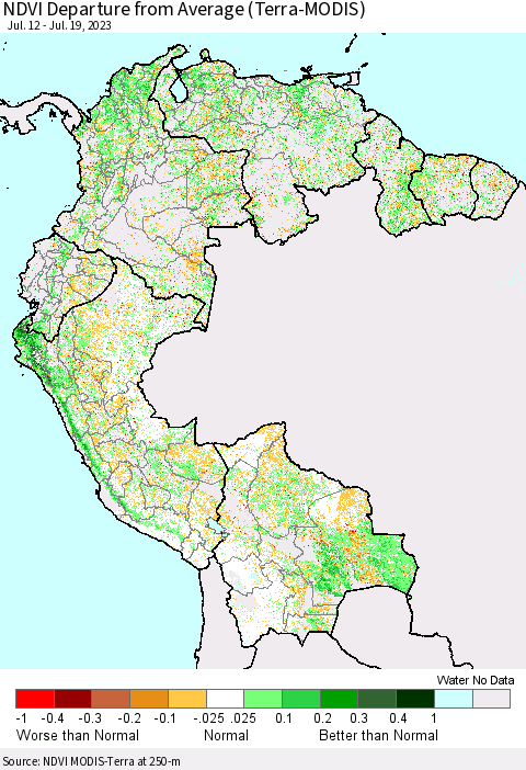 Northern South America NDVI Departure from Average (Terra-MODIS) Thematic Map For 7/12/2023 - 7/19/2023