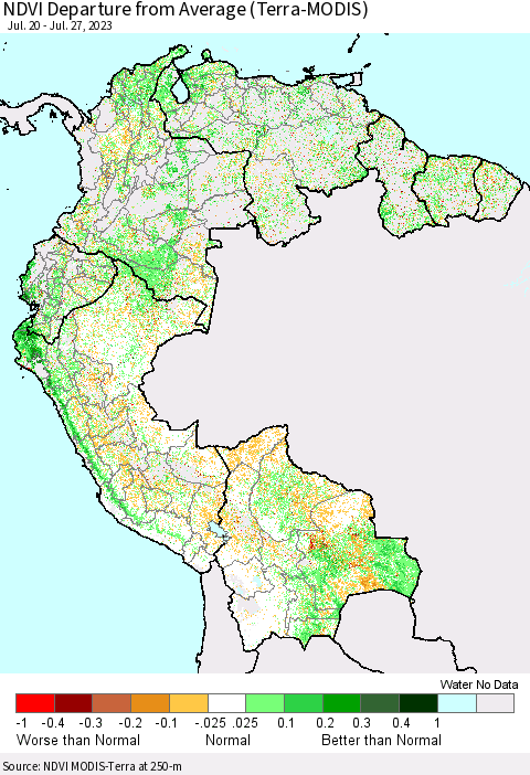 Northern South America NDVI Departure from Average (Terra-MODIS) Thematic Map For 7/20/2023 - 7/27/2023
