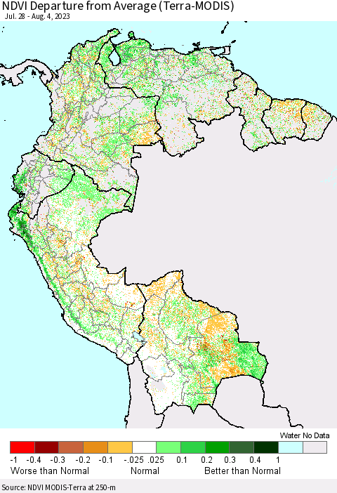 Northern South America NDVI Departure from Average (Terra-MODIS) Thematic Map For 7/28/2023 - 8/4/2023