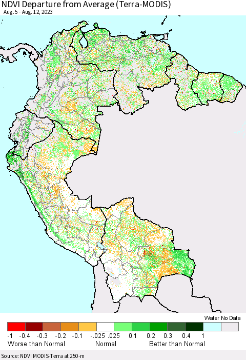 Northern South America NDVI Departure from Average (Terra-MODIS) Thematic Map For 8/5/2023 - 8/12/2023