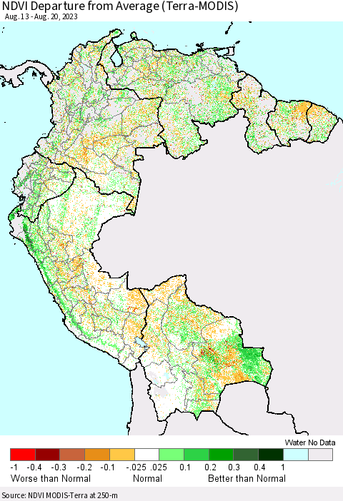 Northern South America NDVI Departure from Average (Terra-MODIS) Thematic Map For 8/13/2023 - 8/20/2023