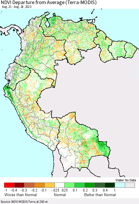 Northern South America NDVI Departure from Average (Terra-MODIS) Thematic Map For 8/21/2023 - 8/28/2023