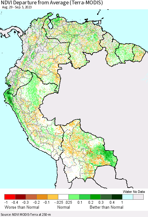 Northern South America NDVI Departure from Average (Terra-MODIS) Thematic Map For 8/29/2023 - 9/5/2023