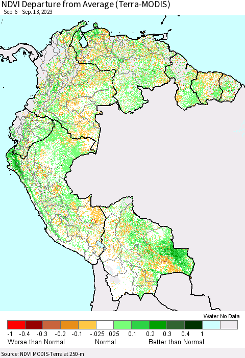 Northern South America NDVI Departure from Average (Terra-MODIS) Thematic Map For 9/6/2023 - 9/13/2023