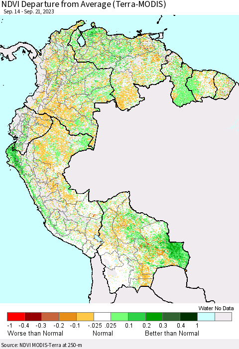 Northern South America NDVI Departure from Average (Terra-MODIS) Thematic Map For 9/14/2023 - 9/21/2023