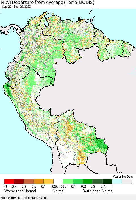 Northern South America NDVI Departure from Average (Terra-MODIS) Thematic Map For 9/22/2023 - 9/29/2023