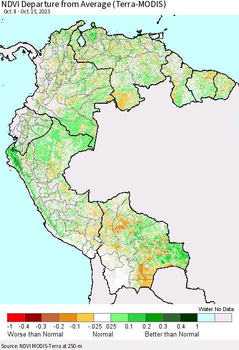Northern South America NDVI Departure from Average (Terra-MODIS) Thematic Map For 10/8/2023 - 10/15/2023