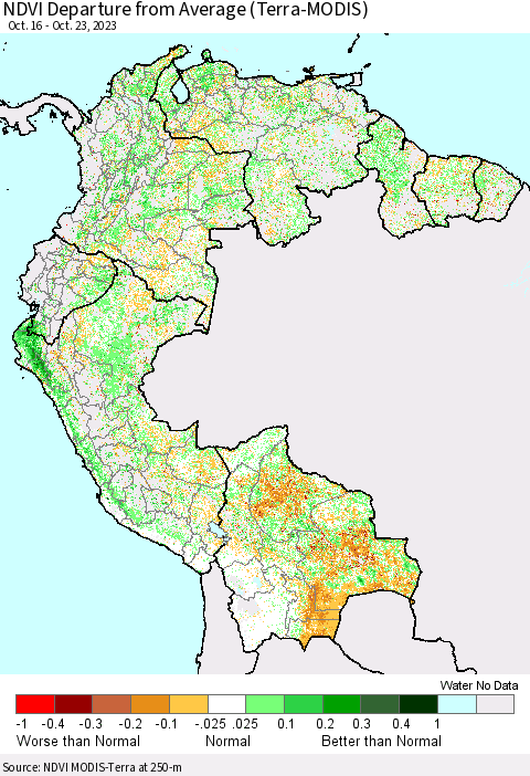Northern South America NDVI Departure from Average (Terra-MODIS) Thematic Map For 10/16/2023 - 10/23/2023