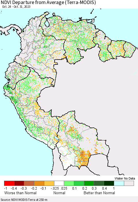 Northern South America NDVI Departure from Average (Terra-MODIS) Thematic Map For 10/24/2023 - 10/31/2023