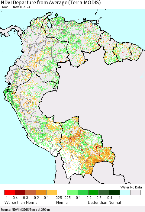 Northern South America NDVI Departure from Average (Terra-MODIS) Thematic Map For 11/1/2023 - 11/8/2023