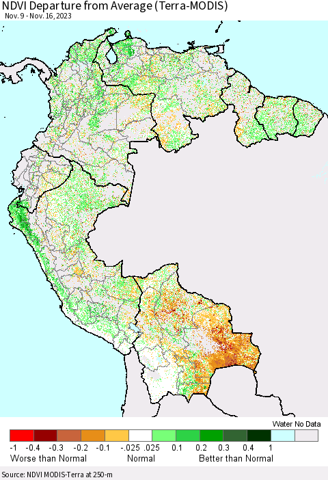 Northern South America NDVI Departure from Average (Terra-MODIS) Thematic Map For 11/9/2023 - 11/16/2023