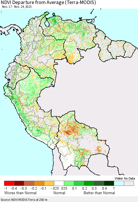 Northern South America NDVI Departure from Average (Terra-MODIS) Thematic Map For 11/17/2023 - 11/24/2023