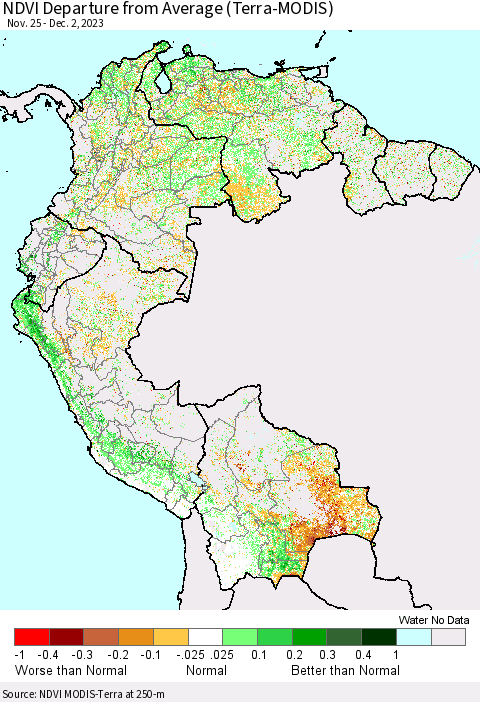 Northern South America NDVI Departure from Average (Terra-MODIS) Thematic Map For 11/25/2023 - 12/2/2023
