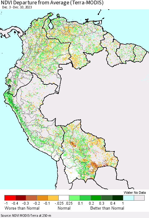 Northern South America NDVI Departure from Average (Terra-MODIS) Thematic Map For 12/3/2023 - 12/10/2023