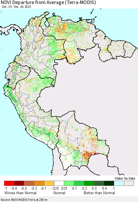 Northern South America NDVI Departure from Average (Terra-MODIS) Thematic Map For 12/19/2023 - 12/26/2023
