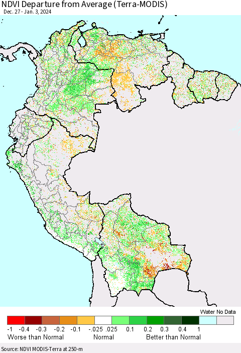 Northern South America NDVI Departure from Average (Terra-MODIS) Thematic Map For 12/27/2023 - 1/3/2024